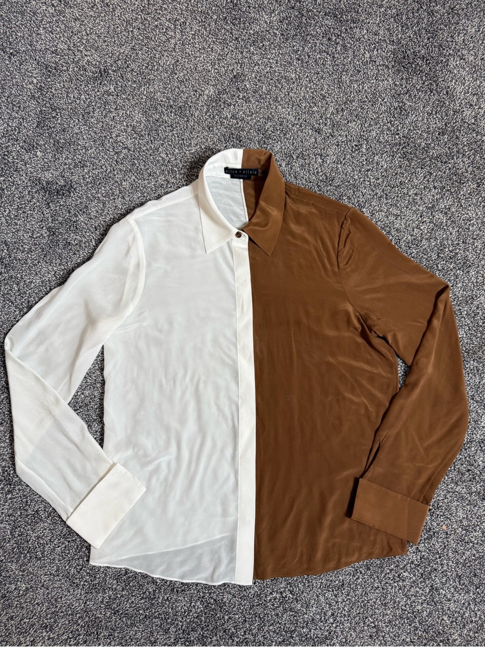 Alice + Olivia Willa 100% Silk Colorblock Button Down Blouse Brown Ivory Small - Picture 5 of 10